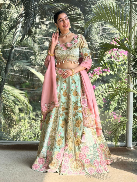 Lynoria Sea Green Bridal Lehenga with Floral Embroidery