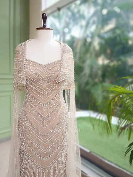 Ethereal Cascade Beige  Soft Net Indo-Western Gown