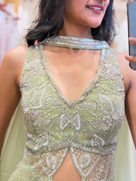 Amara Pista Green Indo-Western Set with Sequin and Cut Dana Work