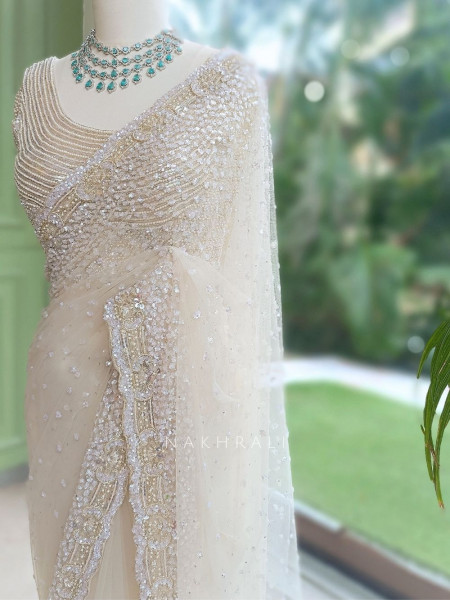 Alabaster Glitz Off-white French Net Designer Saree with Readymade Blouse