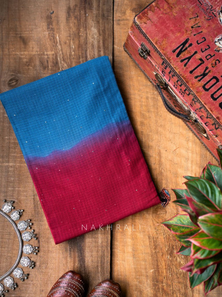 Vasu Handwoven Blue and Red Kota Saree with Cotton Satin Blouse