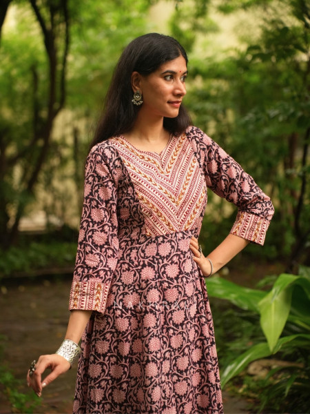 Kalamora Black Cambric Cotton Anarkali Midi Dress With Floral Jaal & Chevron Yoke