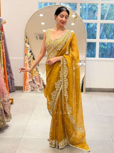 Suwarnam Mustard Tissue Silk Blend Saree with Sequin Work
