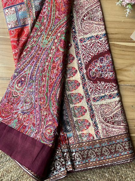 Ranjak Red Printed Saree with Readymade Blouse and Gota Embroidery