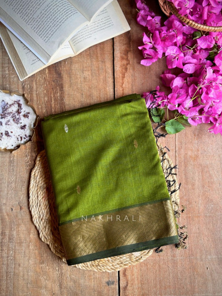 Maahishmati Green Parrot Maheshwari Saree with Zari Border