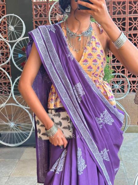 Kirmiz Purple Cotton Saree with Block Print