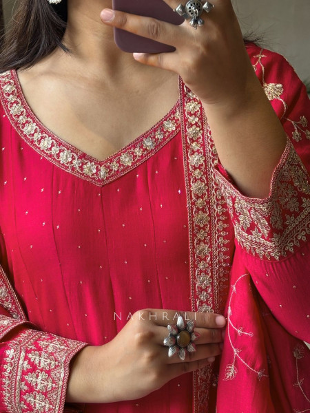 Crimson Glow Red Anarkali Suit with Zari & Sequin Work