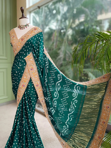Bandhika Green Gaji Silk Bandhani Saree With Gota Patti, Zardosi & Mirror Work