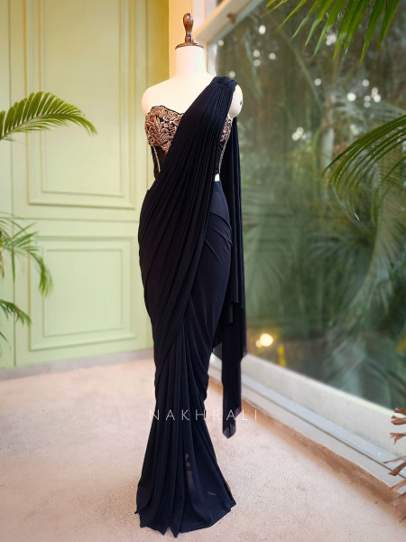 Sapphire Shadow Black Drape Saree with Embroidered Net Corset