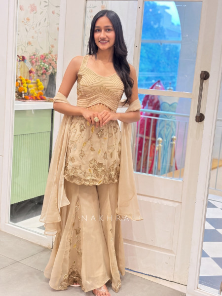 Tarunika Golden Chiffon Silk Blend Indo-Western Palazzo Peplum Set