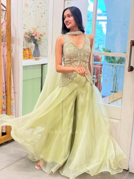 Amara Pista Green Indo-Western Set with Sequin and Cut Dana Work