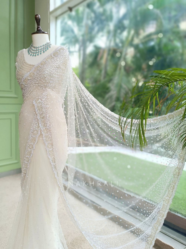 Image of Alabaster Glitz Off-white French Net Designer Saree with Readymade Blouse