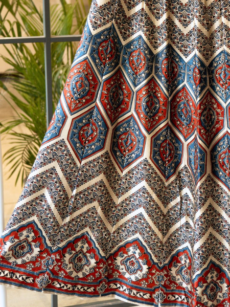 Jhoom White Modal Silk Ajrakh Skirt – Geometric Harmony