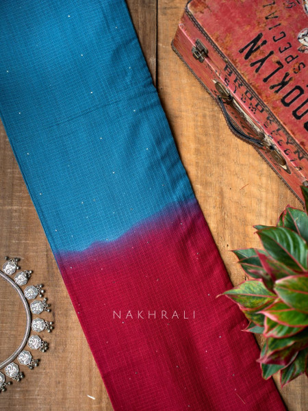 Vasu Handwoven Blue and Red Kota Saree with Cotton Satin Blouse