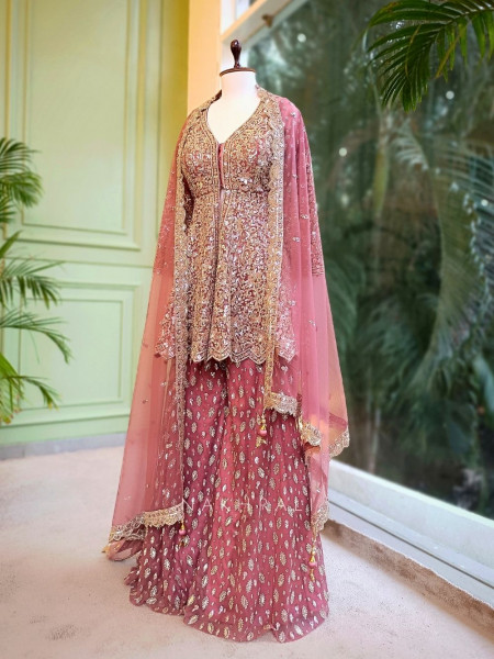 Rosewood Purple Kurta Palazzo Set with Zari and Sequin Embroidery