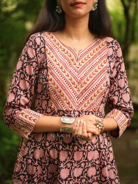 Kalamora Black Cambric Cotton Anarkali Midi Dress With Floral Jaal & Chevron Yoke
