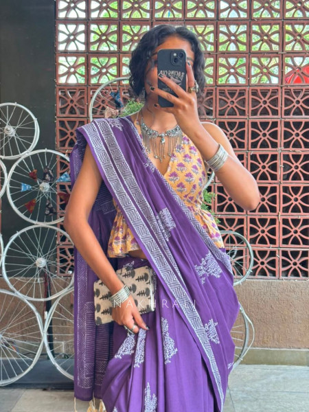 Kirmiz Purple Cotton Saree with Block Print