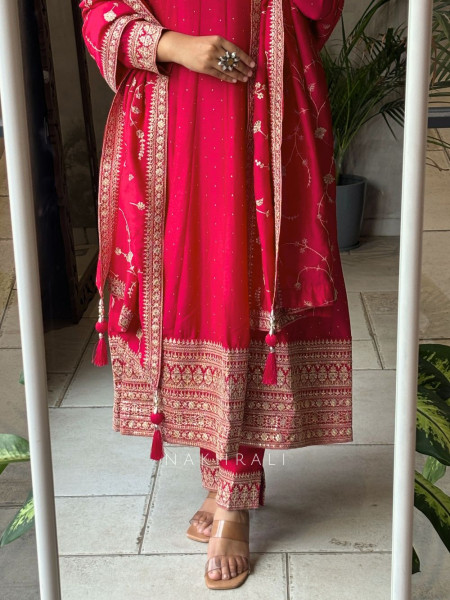 Crimson Glow Red Anarkali Suit with Zari & Sequin Work
