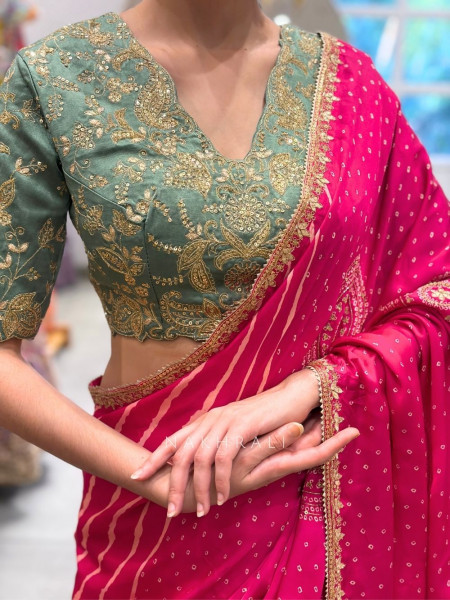 Bindu Rekha Magenta Saree with Bandhej Print and Gota Border