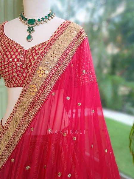 Mehraab Multicolor Pure Silk Bridal Lehenga Set With Zardozi Dabka & Gota Patti Work
