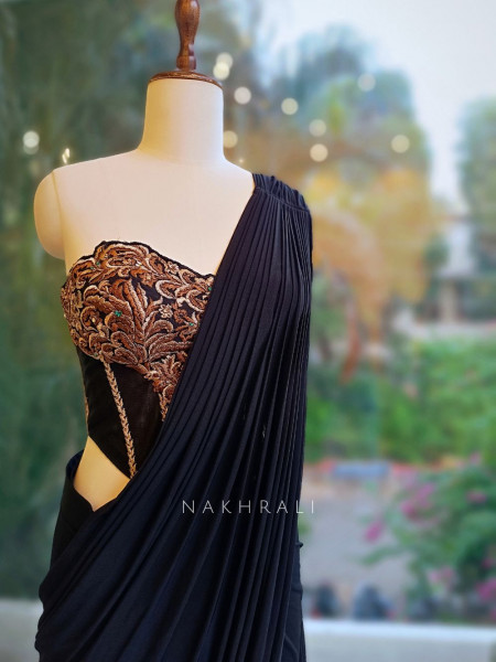 Sapphire Shadow Black Drape Saree with Embroidered Net Corset