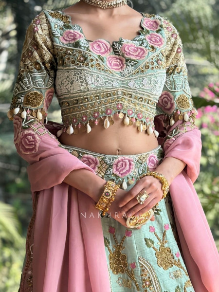 Lynoria Sea Green Bridal Lehenga with Floral Embroidery