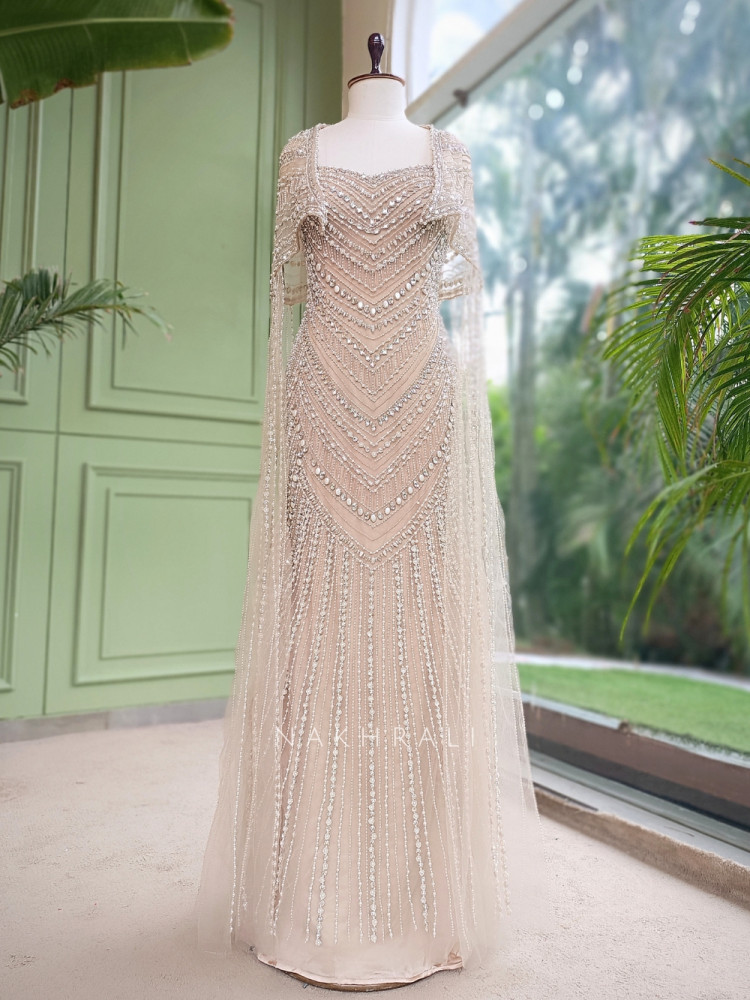Image of Ethereal Cascade Beige  Soft Net Indo-Western Gown