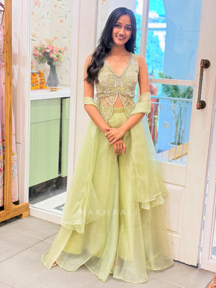 Image of Amara Pista Green Indo-Western Set with Sequin and Cut Dana Work