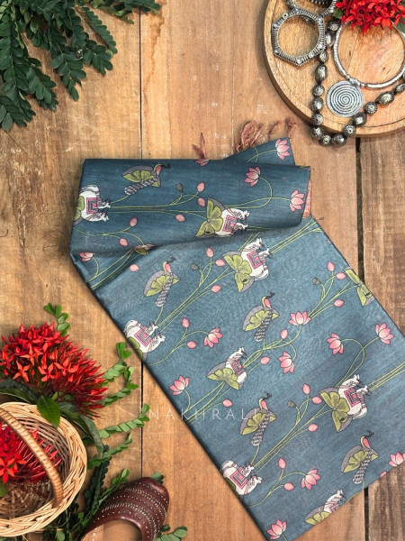 Chitrawali Blue Tussar Silk Saree with Pichwai Art