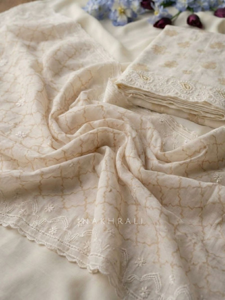 Roselune Cream Floral Printed Dress Material with Embroidered Border