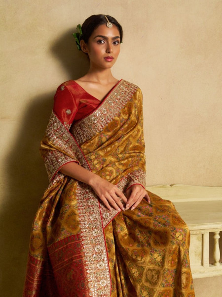 Amber Glow Mustard Dola Silk Saree with Zardozi Border