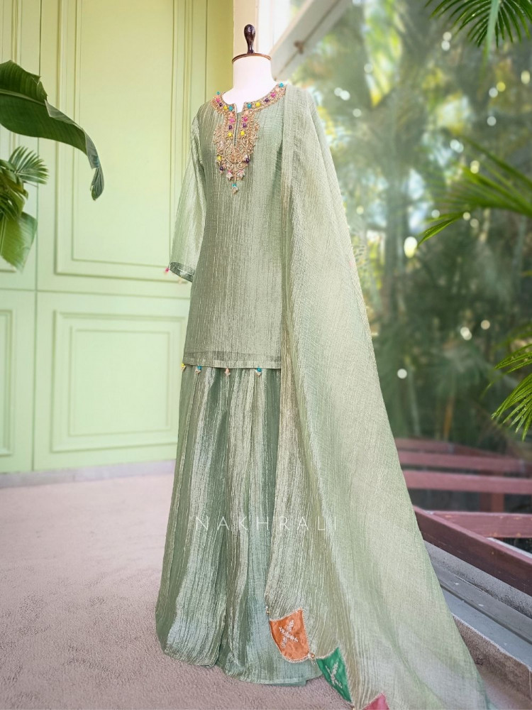 Image of Meherza Green Embroidered Kurta Sharara Set with Dupatta