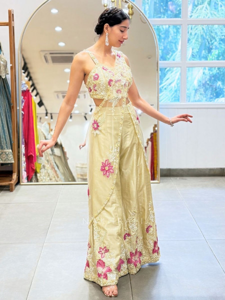 Cressa Cream Crop Top Palazzo Set with Floral Sequin Beads Pearl Work