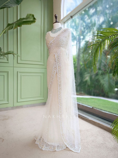 Alabaster Glitz Off-white French Net Designer Saree with Readymade Blouse