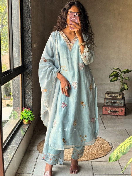 Mrinala Blue Suit Set with Floral Embroidery