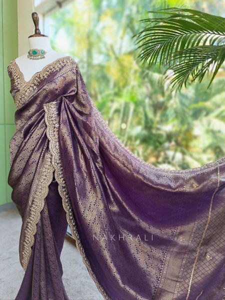 Rajleela Purple Banarasi Brocade Silk Saree with Gota Border