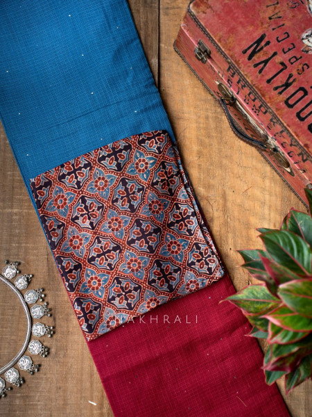 Vasu Handwoven Blue and Red Kota Saree with Cotton Satin Blouse