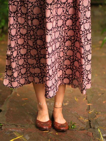 Kalamora Black Cambric Cotton Anarkali Midi Dress With Floral Jaal & Chevron Yoke