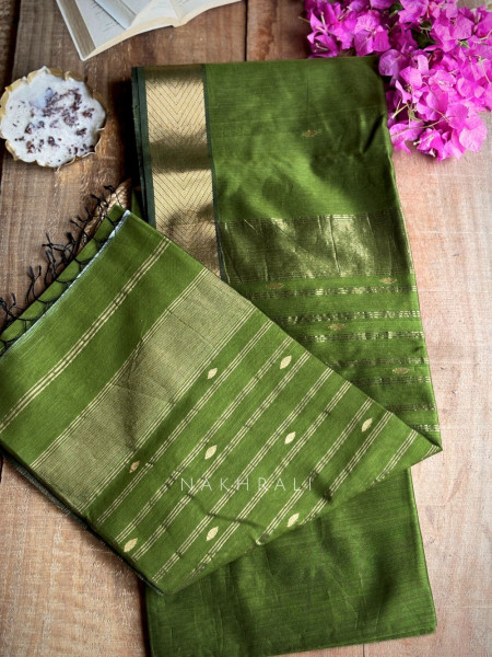 Maahishmati Green Parrot Maheshwari Saree with Zari Border