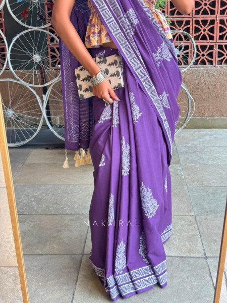 Kirmiz Purple Cotton Saree with Block Print