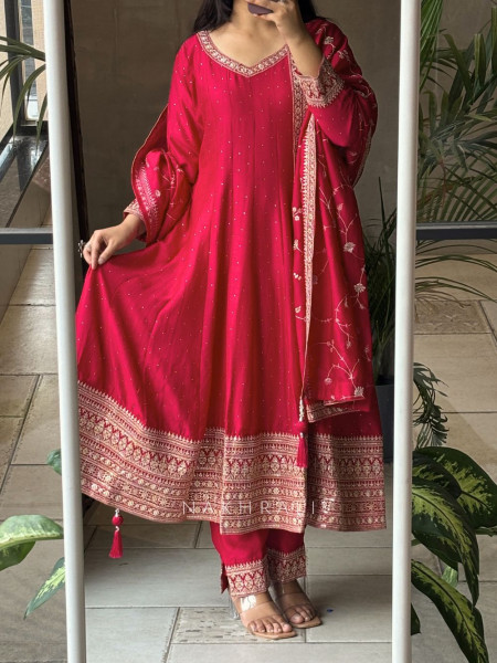 Crimson Glow Red Anarkali Suit with Zari & Sequin Work