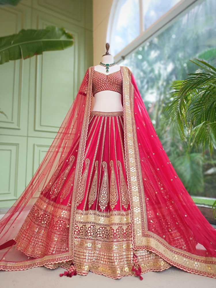 Image of Mehraab Multicolor Pure Silk Bridal Lehenga Set With Zardozi Dabka &amp; Gota Patti Work