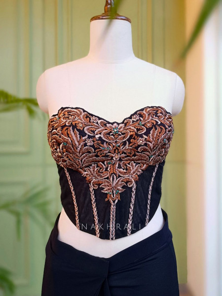 Sapphire Shadow Black Drape Saree with Embroidered Net Corset
