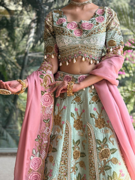 Lynoria Sea Green Bridal Lehenga with Floral Embroidery