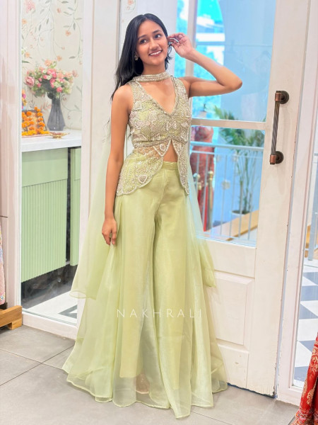 Amara Pista Green Indo-Western Set with Sequin and Cut Dana Work