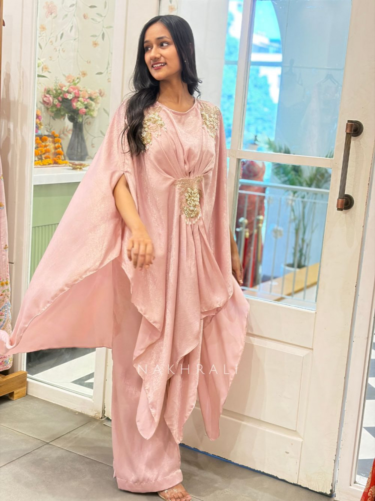 Image of Seraphina Pink Kaftan Indo Western Dress with Cut Dana Pearl Sequin Work