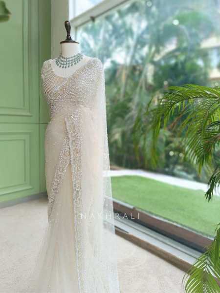 Alabaster Glitz Off-white French Net Designer Saree with Readymade Blouse