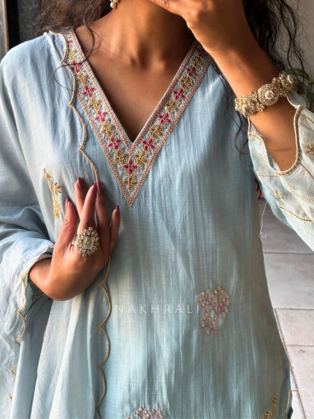 Mrinala Blue Suit Set with Floral Embroidery