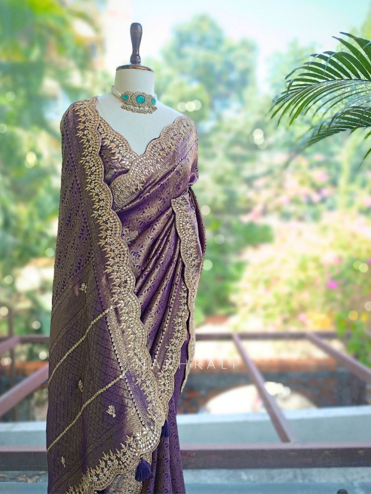 Image of Rajleela Purple Banarasi Brocade Silk Saree with Gota Border