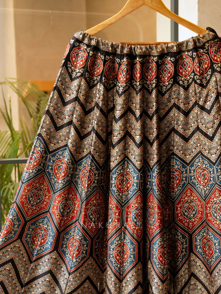 Jhoom Black Modal Silk Ajrakh Skirt – Geometric Harmony